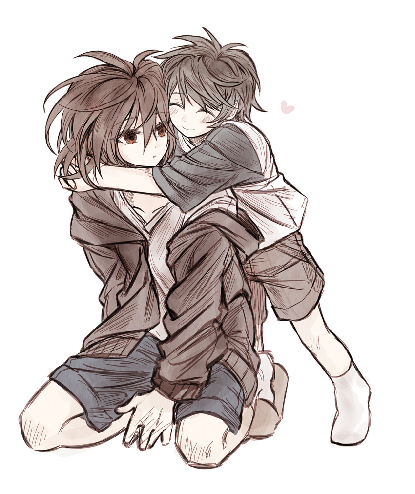 2boys, ^_^, black_hair, black_jacket, black_shorts, black_sleeves, blue_shorts, brothers