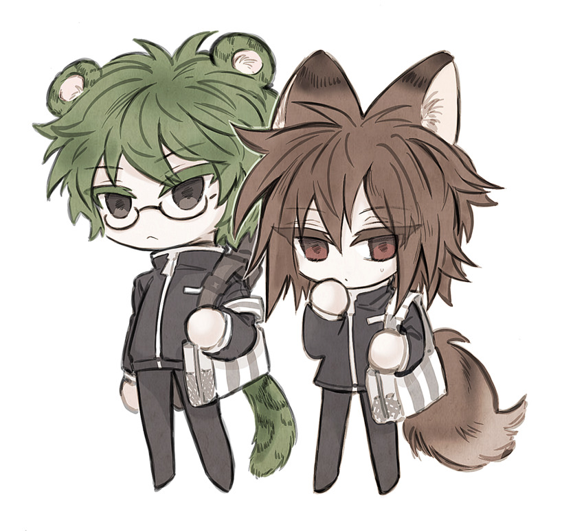 2boys, animal_ear_fluff, animal_ears, bag, black_eyes, black_jacket, black_pants, brown_hair