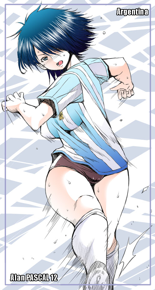 1girl, alan_pascal, argentinian_flag, argentinian_flag_print, black_hair, buruma, captain_tsubasa, female_focus, flag_print, gender_request, genderswap, hair_over_one_eye, red-rum, shirt, short_hair, soccer_uniform, solo, sportswear, striped_clothes, striped_shirt, sweat, thighs, vertical-striped_clothes, vertical-striped_shirt