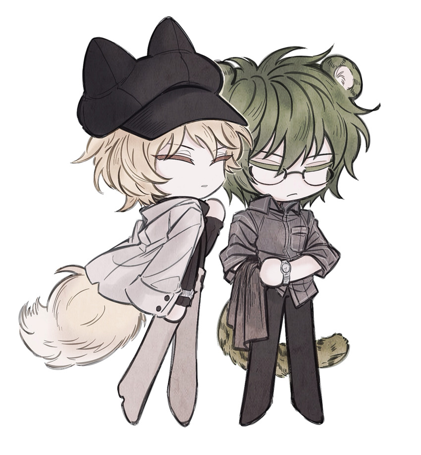 2boys, alternate_costume, animal_ears, atou_haruki, black_hat, black_pants, black_shirt, black_sweater
