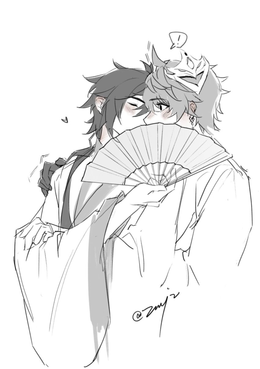 !, 2boys, blush, chinese_clothes, folded_fan, folding_fan, genshin_impact, greyscale