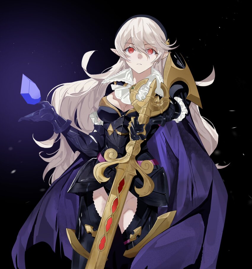 1girl, armor, armored_leotard, black_armor, black_cape, cape, commentary, female_corrin_(fire_emblem)