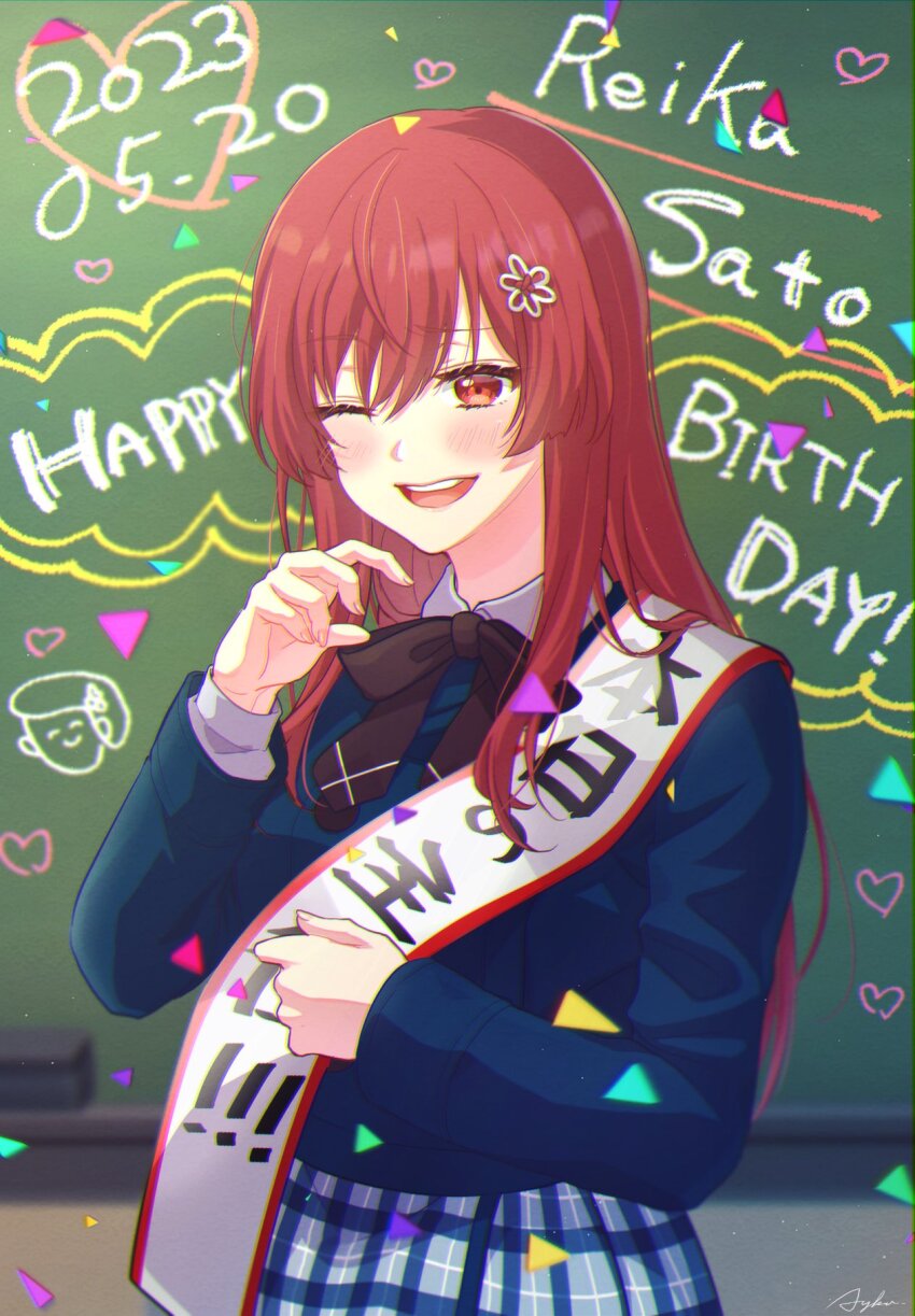 1girl, 22/7, ;d, ayakura_azuma, birthday_sash, black_bow, black_bowtie, blue_dress