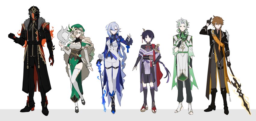 2girls, 4boys, absurdres, arlecchino_(genshin_impact), black_hair, blue_eyes, blue_hair, boots, brown_hair, capitano_(genshin_impact), commentary_request, dottore_(genshin_impact), elbow_gloves, genshin_impact, gloves, green_hair, green_hat, greyscale, hair_between_eyes, hat, highres, holding, holding_weapon, instrument, japanese_clothes, long_hair, monochrome, multiple_boys, multiple_girls, one_eye_closed, pants, ririri_(lilili_tea), scaramouche_(genshin_impact), signora_(genshin_impact), simple_background, standing, tartaglia_(genshin_impact), weapon