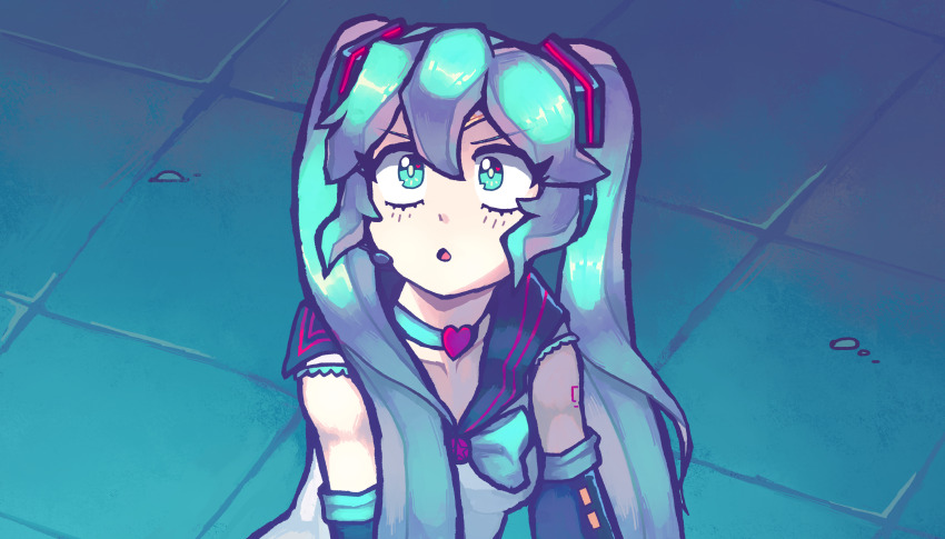1girl, absurdres, aqua_hair, arm_tattoo, bishoujo_senshi_sailor_moon, black_sailor_collar, black_sleeves, breasts, choker, collarbone, commentary, detached_sleeves, english_commentary, hair_between_eyes, hatsune_miku, headset, heart, heart_choker, highres, kekekekekekekk, long_hair, meme, number_tattoo, open_mouth, sailor_collar, sailor_moon, sailor_moon_redraw_challenge_(meme), shooting_star_(symbol), solo, tattoo, tongue, twintails, vocaloid