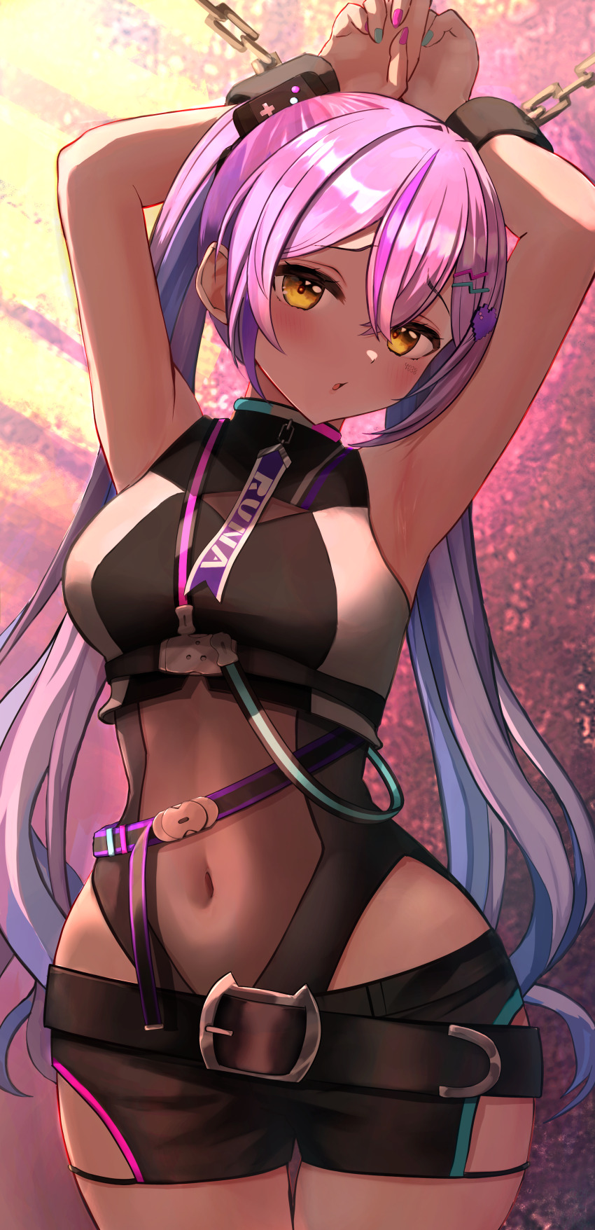 1girl, :o, absurdres, armpits, arms_up, belt, black_belt, black_shorts, blue_hair, bound, bound_wrists, breasts, chain, character_name, chest_belt, clothing_cutout, covered_navel, cowboy_shot, cuffs, gradient_hair, green_nails, hair_between_eyes, hair_ornament, heart, highleg, highleg_leotard, highres, hip_vent, leotard, long_hair, looking_at_viewer, loose_belt, multicolored_hair, multicolored_nails, naikon, navel, pink_hair, pink_nails, pixel_heart, purple_hair, restrained, see-through_clothes, see-through_leotard, shackles, shinomiya_runa, shinomiya_runa_(3rd_costume), shorts, small_breasts, solo, stomach, twintails, underbust, very_long_hair, virtual_youtuber, vspo!, wide_hips, yellow_eyes