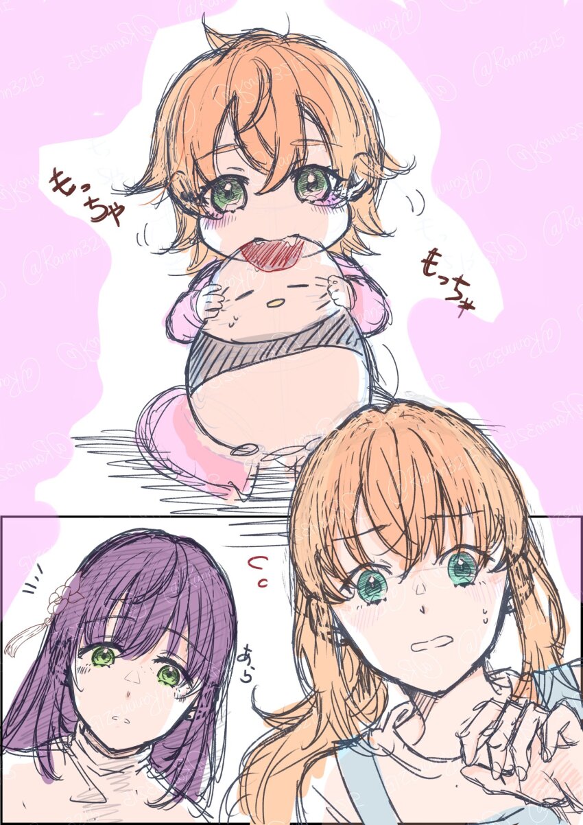 3girls, apron, aqua_eyes, biting, blue_apron, cerise_bouquet, earrings, family