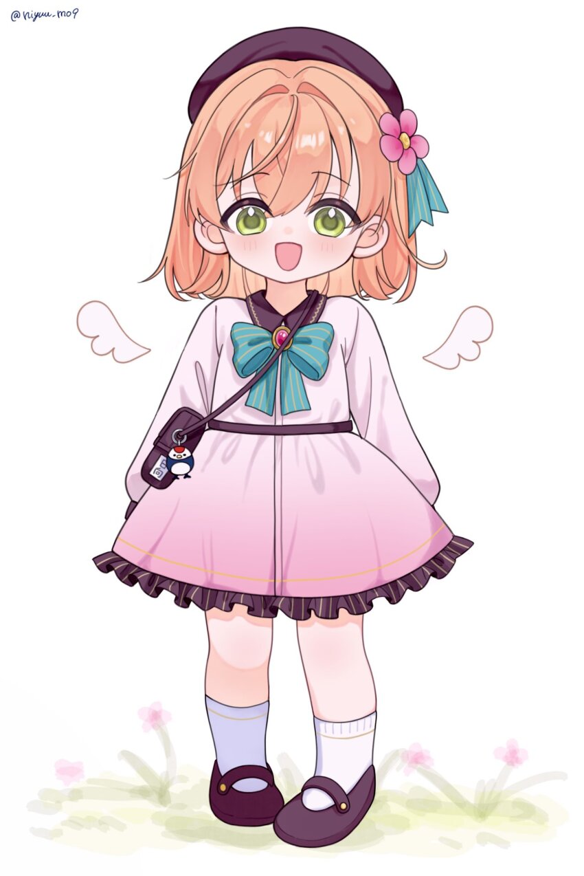1girl, :d, animal_charm, aqua_bow, aqua_bowtie, bag, beret, blush, bow, bowtie, brown_bag, brown_hat, brown_shoes, charm_(object), collared_dress, drawn_wings, dream_believers, dress, flower, frilled_dress, frills, full_body, hair_flower, hair_intakes, hair_ornament, hat, highres, if_they_mated, ips_cells, link!_like!_love_live!, long_sleeves, looking_at_viewer, love_live!, mary_janes, nin_(niyuu_mo9), open_mouth, otomune_hinata_(soora0202), photoshop_(medium), pink_dress, pink_flower, pinstripe_pattern, school_bag, shoes, simple_background, smile, socks, solo, standing, toddler, tsuru_(love_live!), twitter_username, white_background, white_socks