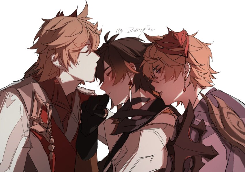 3boys, blush, genshin_impact, group_sex, hand_on_own_face, highres, kiss, kissing_forehead, multiple_boys, tartaglia_(genshin_impact), threesome, twitter, white_background, yaoi, zhongli_(genshin_impact), zyzzzyy
