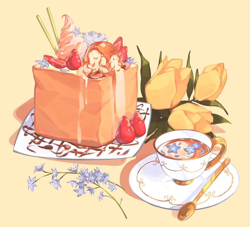 angel_food_cake, blue_flower, cake, china, chocolate_drip, commentary, commission, cup, drink, english_commentary, flower, flower_in_drink, food, food_focus, fruit, highres, ice_cream, ice_cream_scoop_(utensil), leaf, mumechi, no_humans, original, plant, plate, saucer, shadow, simple_background, spoon, strawberry, strawberry_slice, tea, teacup, utensil, white_flower, yellow_background, yellow_flower
