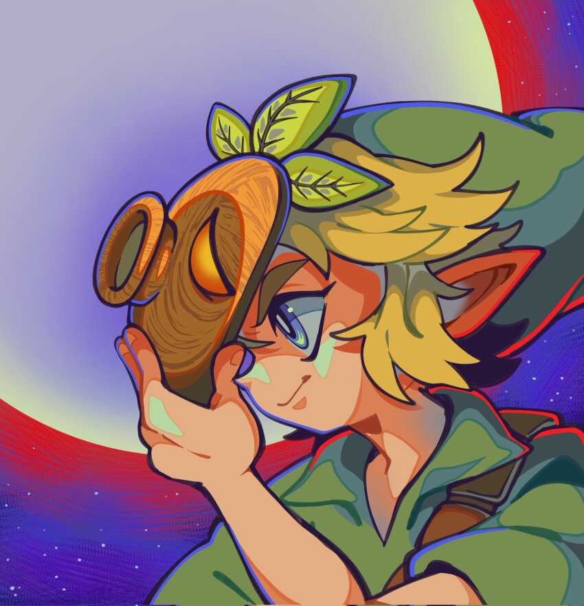 1boy, blonde_hair, blue_eyes, deku_mask, green_tunic, hat, highres, holding