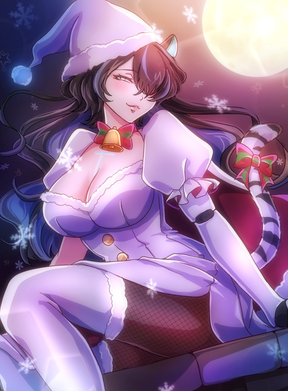 1girl, animal_ears, bell, body_markings, bow, bowtie, breasts, cleavage, commission, dress, ears_through_headwear, erina_makina, fishnet_pantyhose, fishnets, full_moon, fur-trimmed_dress, fur-trimmed_thighhighs, fur_trim, green_bow, grey_eyes, hair_over_one_eye, hat, highres, large_breasts, long_hair, mechanical_arms, moon, multicolored_hair, neck_bell, pantyhose, phase_connect, pom_pom_(clothes), purple_hair, red_bow, red_bowtie, santa_hat, second-party_source, single_mechanical_arm, sitting, skeb_commission, snowflakes, solo, star_(symbol), streaked_hair, tail, tail_bow, tail_ornament, thighhighs, thighhighs_over_pantyhose, tiger_ears, tiger_girl, tiger_tail, tsubaki_pbwfa, two-tone_bow, virtual_youtuber, white_dress, white_hat, white_thighhighs