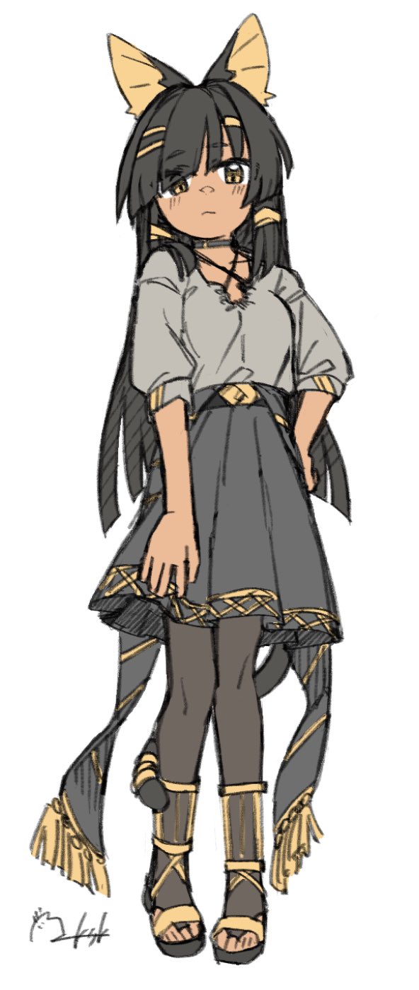 1girl, animal_ears, black_footwear, black_hair, black_skirt, blush, breasts, bridal_legwear