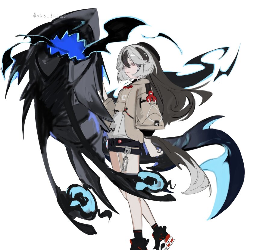 1girl, beret, black_hair, black_hat, black_shoes, black_skirt, black_socks, brown_jacket