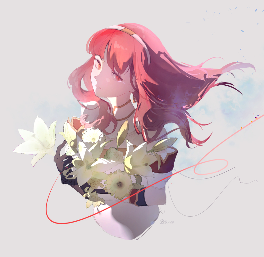 1girl, black_gloves, bouquet, celica_(fire_emblem), commentary_request, cones_(c0_nes), cropped_torso, detached_sleeves