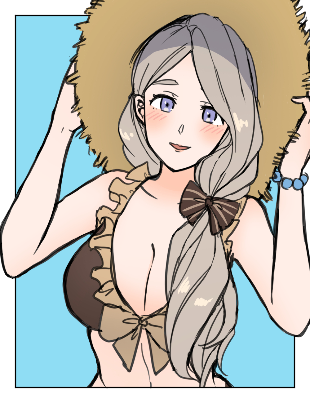 1girl, bikini, blonde_hair, breasts, brown_bikini, cleavage, fire_emblem, fire_emblem:_three_houses, fire_emblem_heroes, frilled_bikini, frills, hat, highres, large_breasts, long_hair, looking_at_viewer, mercedes_von_martritz, mercedes_von_martritz_(summer), nintendo, official_alternate_costume, side-plait, solo, straw_hat, sun_hat, swimsuit, yuki12046