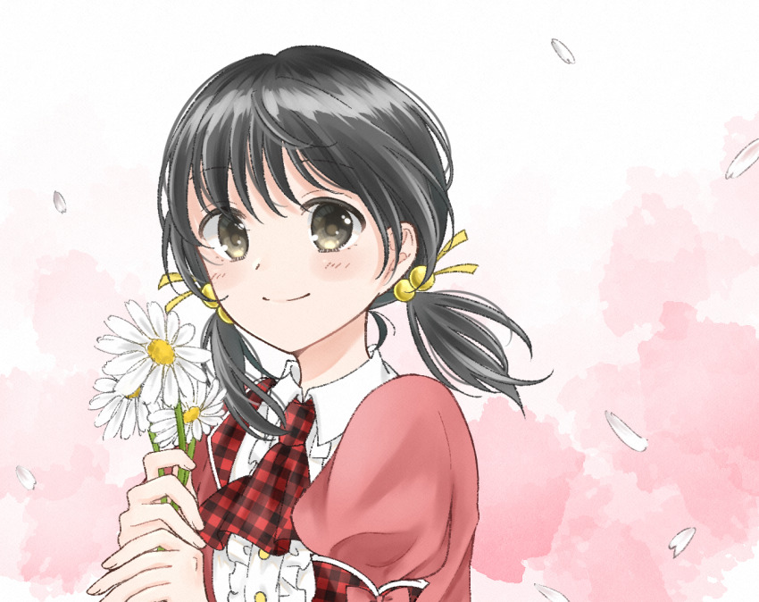 1girl, ascot, black_eyes, black_hair, center_frills, collared_shirt, commentary_request, daisy_(flower)