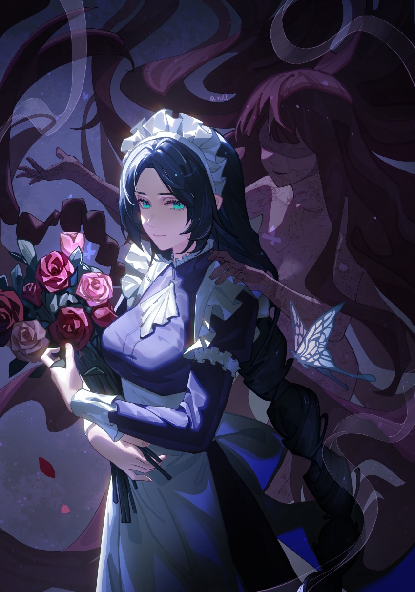 2girls, absurdres, apron, ascot, black_dress, blue_eyes, blue_hair, bouquet