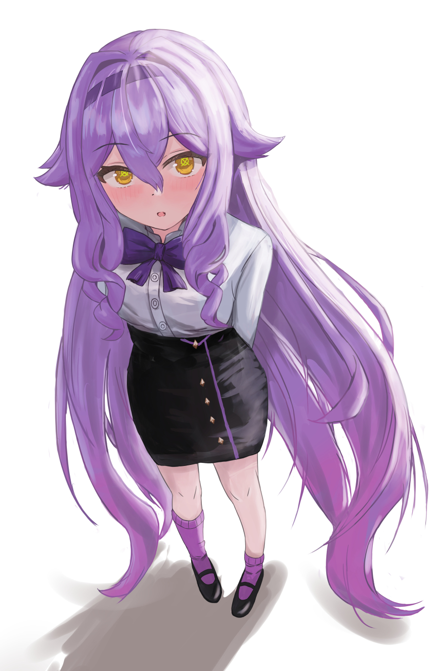 1girl, absurdres, arms_behind_back, black_footwear, black_skirt, blush, bow, bowtie