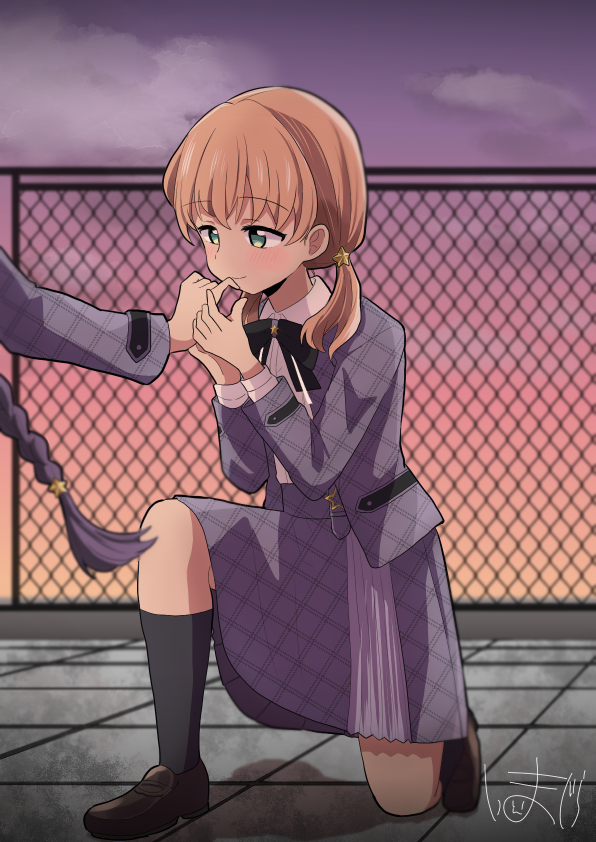 2girls, aqua_eyes, black_ribbon, black_socks, braid, brown_shoes, cerise_bouquet, chain-link_fence
