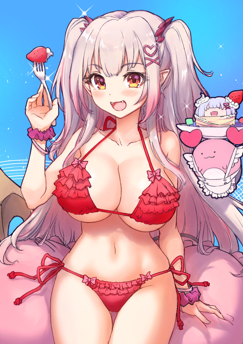 1girl, alternate_costume, bikini, blue_background, blush, bow, breasts, cleavage