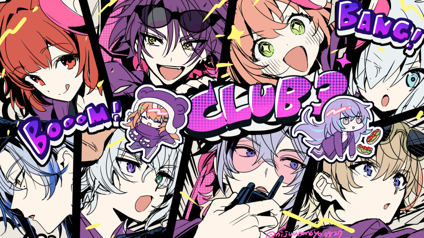 +_+, 5boys, 5girls, :d, :q, ars_almal, black_bow, blue_eyes