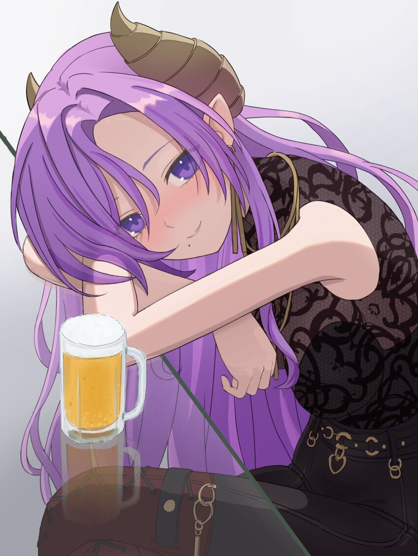 1girl, absurdres, alcohol, awaiaka, beer, beer_mug, black_pants, blush