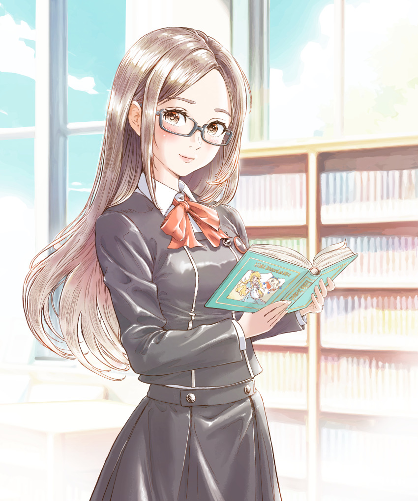 1girl, absurdres, black-framed_eyewear, black_skirt, blonde_hair, book, bookshelf, bow