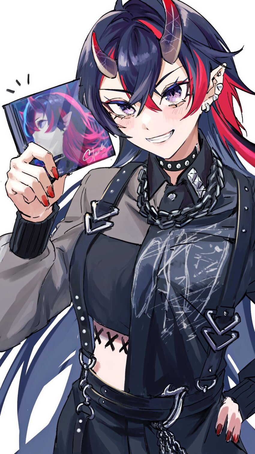 1girl, asymmetrical_clothes, asymmetrical_horns, black_horns, black_shirt, black_skirt, blush, breasts