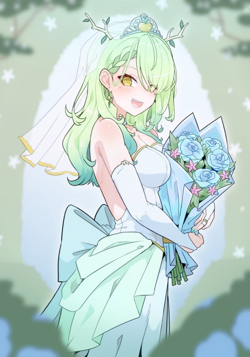 apple_hair_ornament, blue_flower, blue_nails, blurry, blurry_background, blurry_foreground, bow, braid