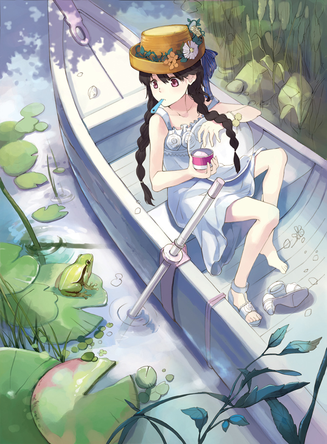 1girl, 9room, bad_id, bad_pixiv_id, bare_shoulders, barefoot, black_hair, boat