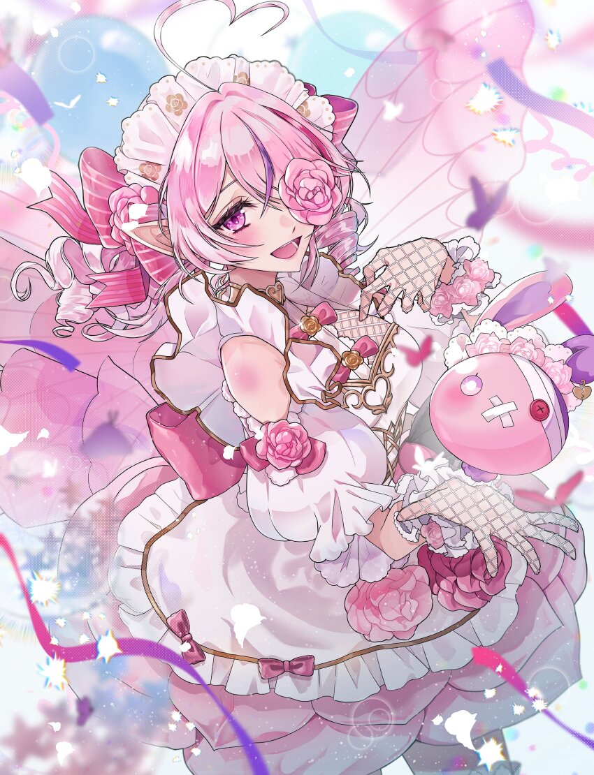 1girl, :d, absurdres, ahoge, alternate_breast_size, berylgreen, blush, bow