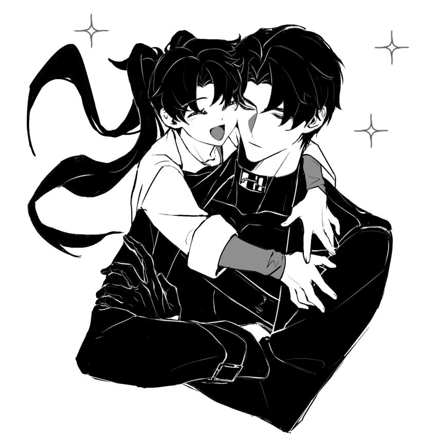 1boy, 1girl, brother_and_sister, chinese_commentary, closed_eyes, closed_mouth, coat, cropped_torso, crossed_arms, floating_hair, gloves, greyscale, highres, hug, long_hair, long_sleeves, monochrome, omniscient_reader's_viewpoint, open_mouth, short_hair, siblings, sinianniana, smile, twintails, very_short_hair, yoo_joonghyuk, yoo_mia