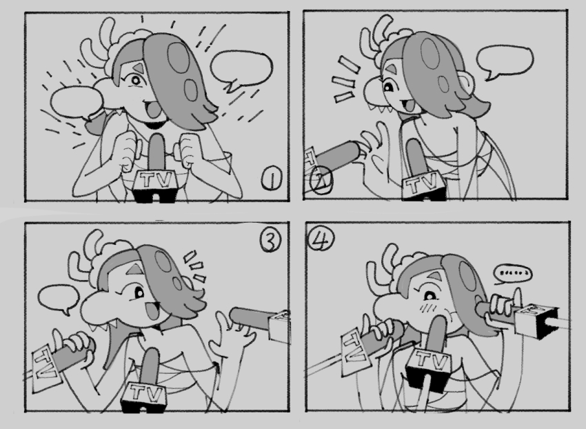 ..., 1girl, 4koma, :t, ^^^, blush, boom_(pixiv_17287082), capelet, chest_sarashi, comic, greyscale, hair_over_one_eye, microphone, monochrome, nintendo, octoling, open_mouth, pinky_out, sarashi, sexually_suggestive, shiver_(deep_cut_outfit)_(splatoon), shiver_(splatoon), smile, speech_bubble, splatoon_(series), splatoon_3, tentacle_hair, upper_body