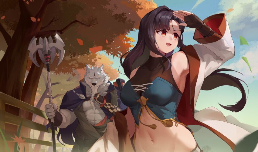 1boy, 1girl, absurdres, armpit_peek, autumn, beard, black_hair, blue_sky