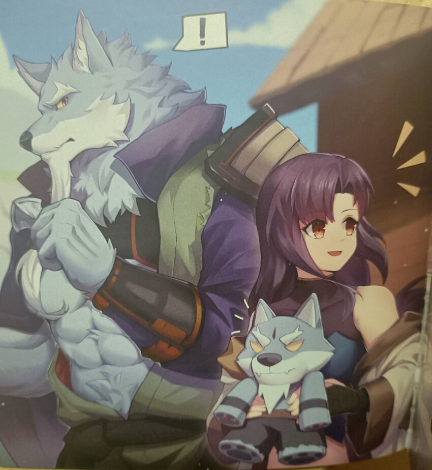 !, 1boy, 1girl, abs, beard, blue_sky, blurry, blurry_background