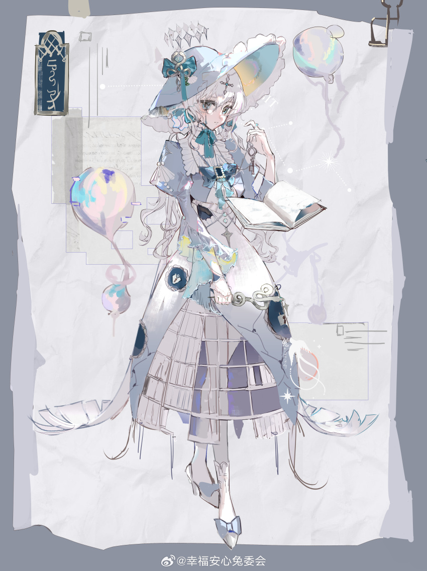 1girl, absurdres, aqua_bow, aqua_bowtie, balloon, blue_border, blue_bow, blue_bowtie