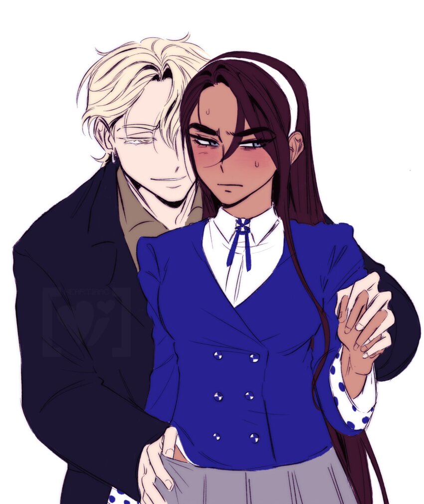 1boy, 1girl, alien_stage, black_jacket, blonde_hair, blue_jacket, blue_ribbon, blush