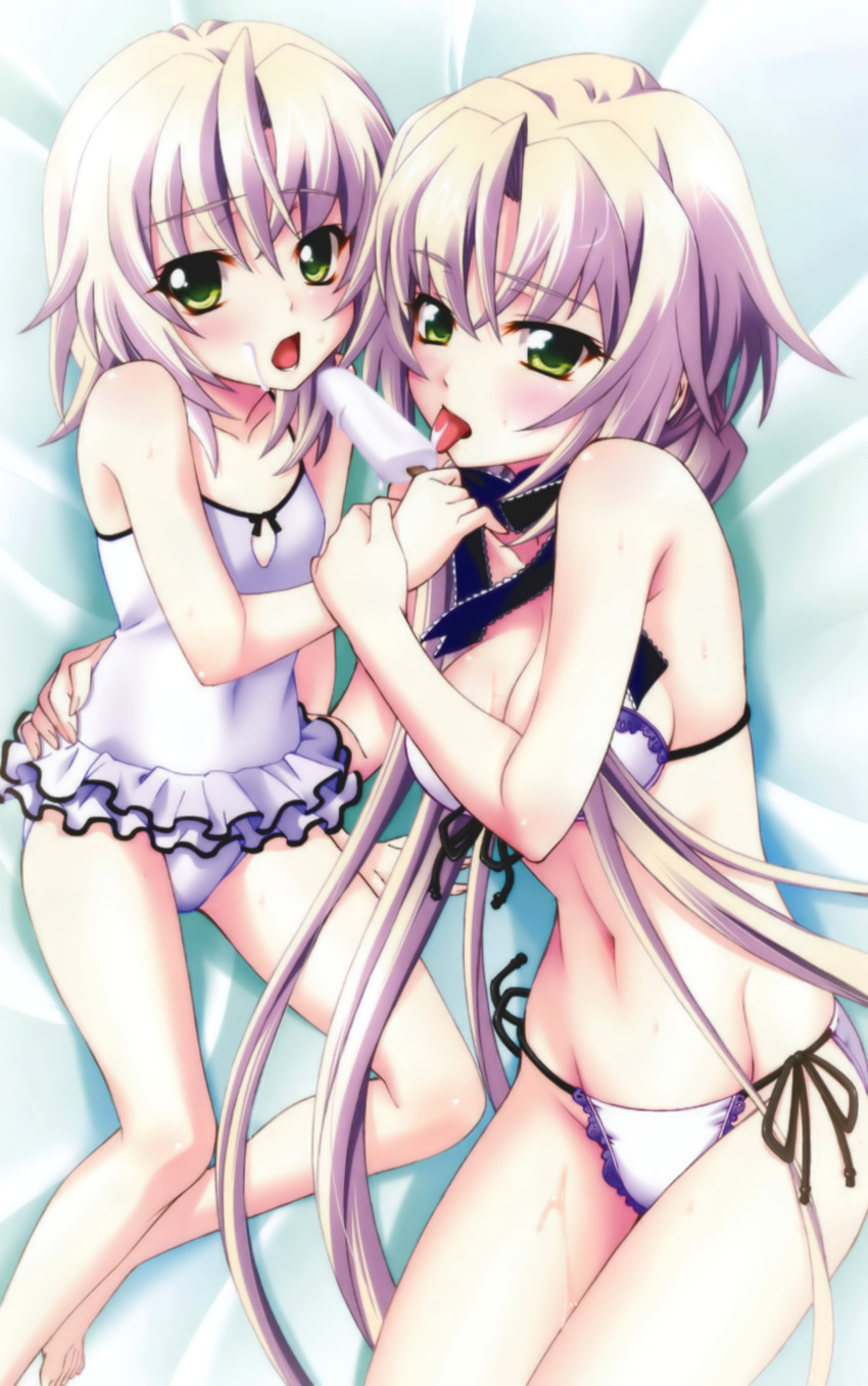 2girls, 5pb., :o, :p, absurdres, age_comparison, bed, bikini