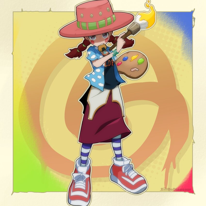 1girl, absurdres, artist_name, billdadinosaur, blue_shirt, brown_hair, color_trap, food