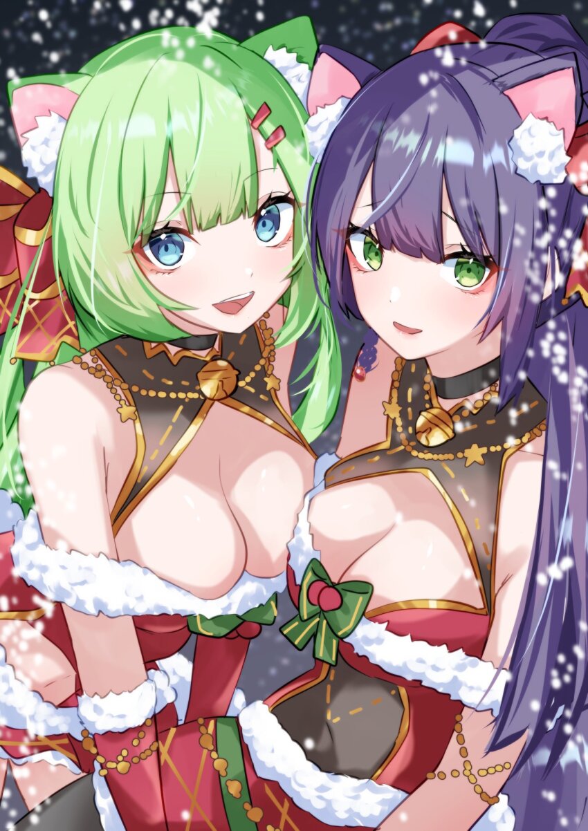 2girls, :d, animal_ear_fluff, animal_ears, assault_lily, breasts, cat_ears, cleavage