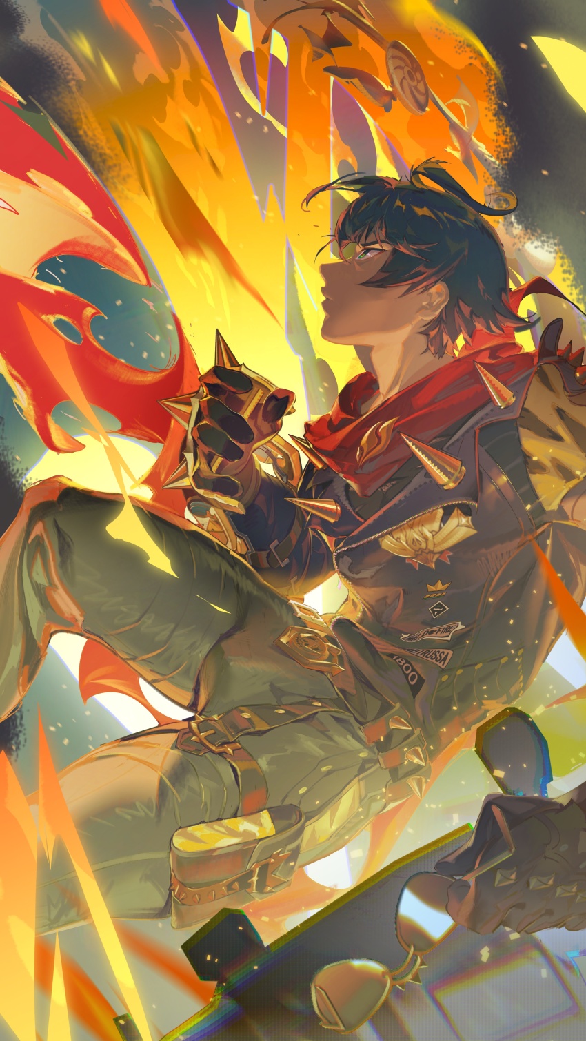 1boy, absurdres, belt, black_hair, black_jacket, blue_pants, fire, from_side