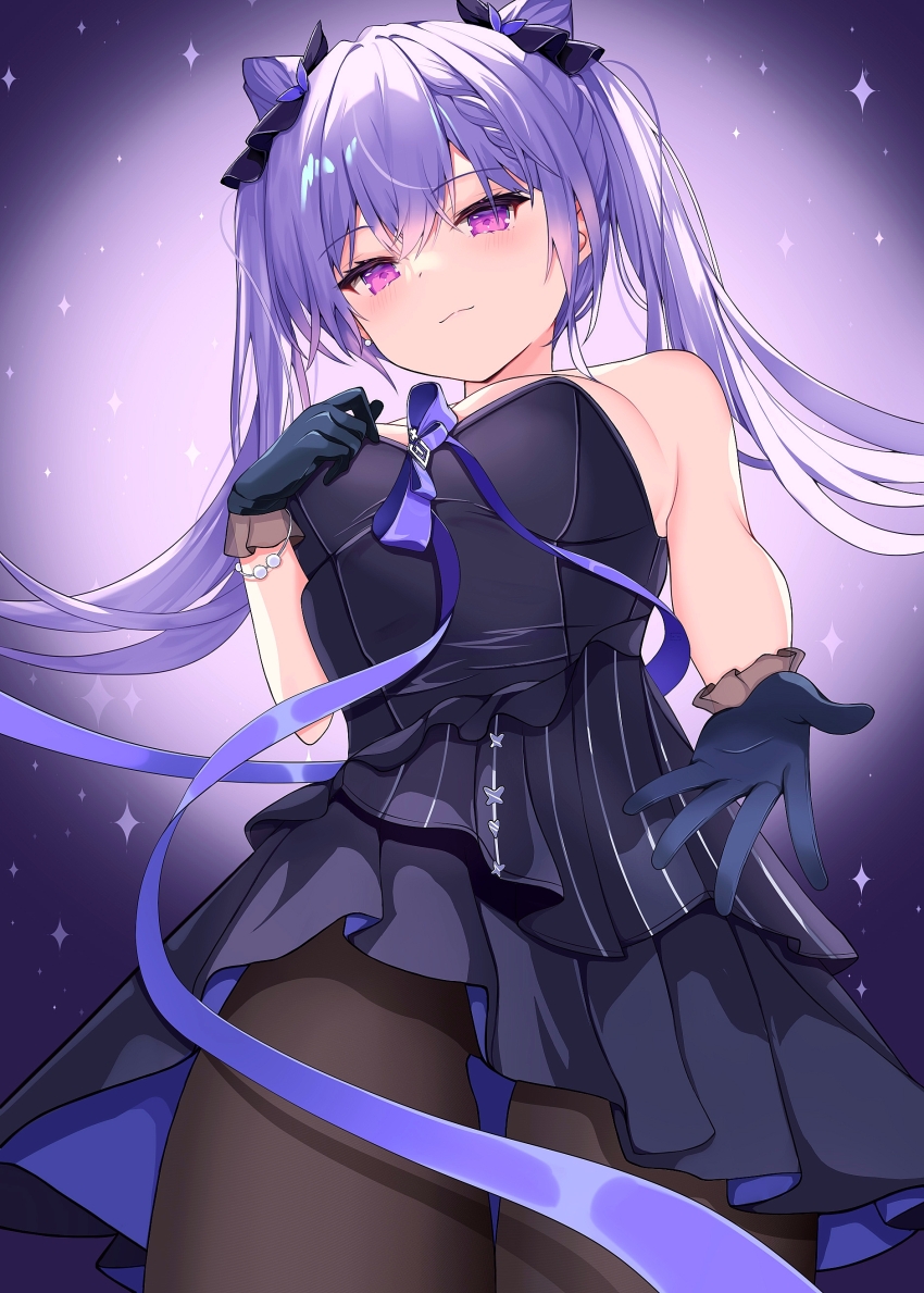1girl, absurdres, bare_shoulders, black_pantyhose, cone_hair_bun, dress, genshin_impact, gloves