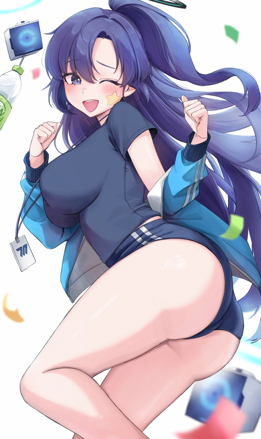 1girl, absurdres, ass, black_halo, blue_archive, blue_buruma, blue_eyes, blue_hair