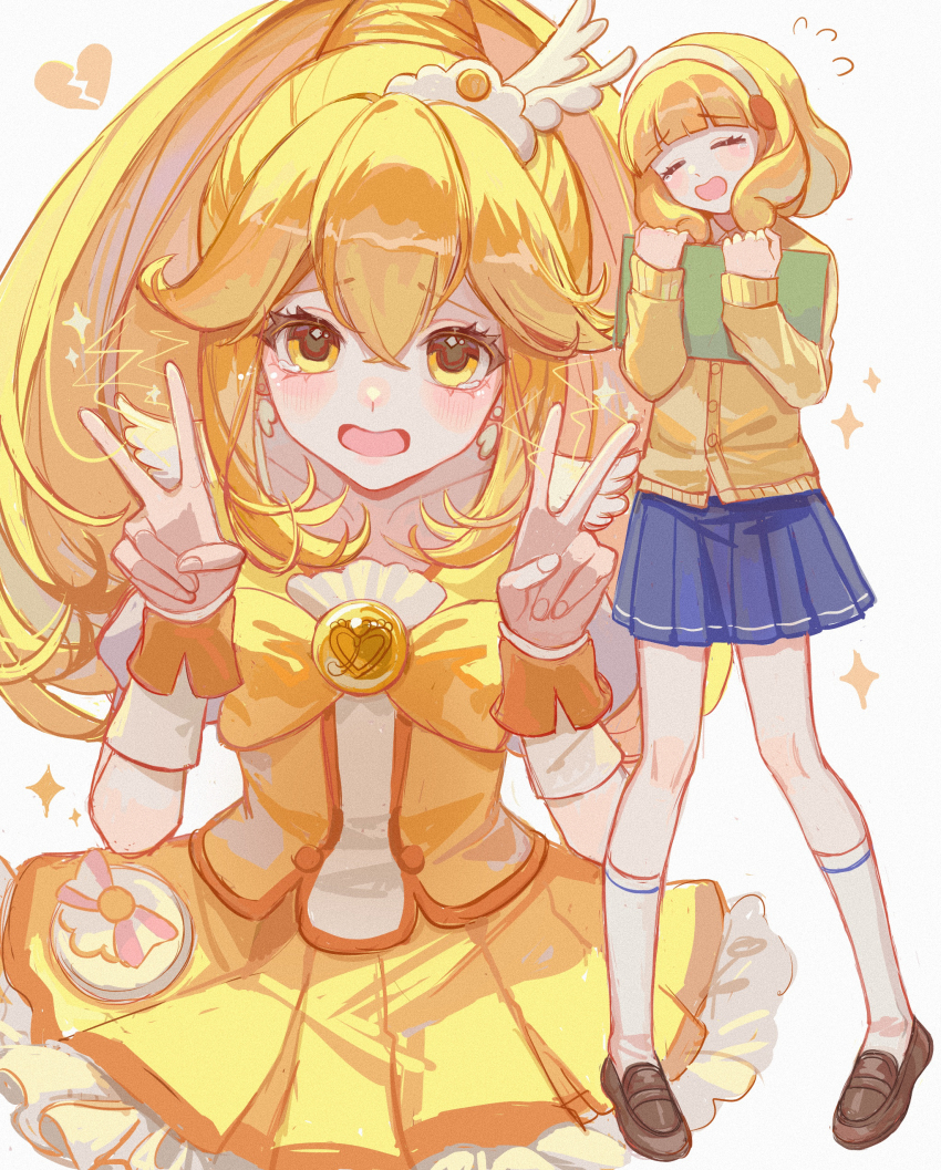 1girl, absurdres, blonde_hair, blue_skirt, blush, bow, bowtie, brooch