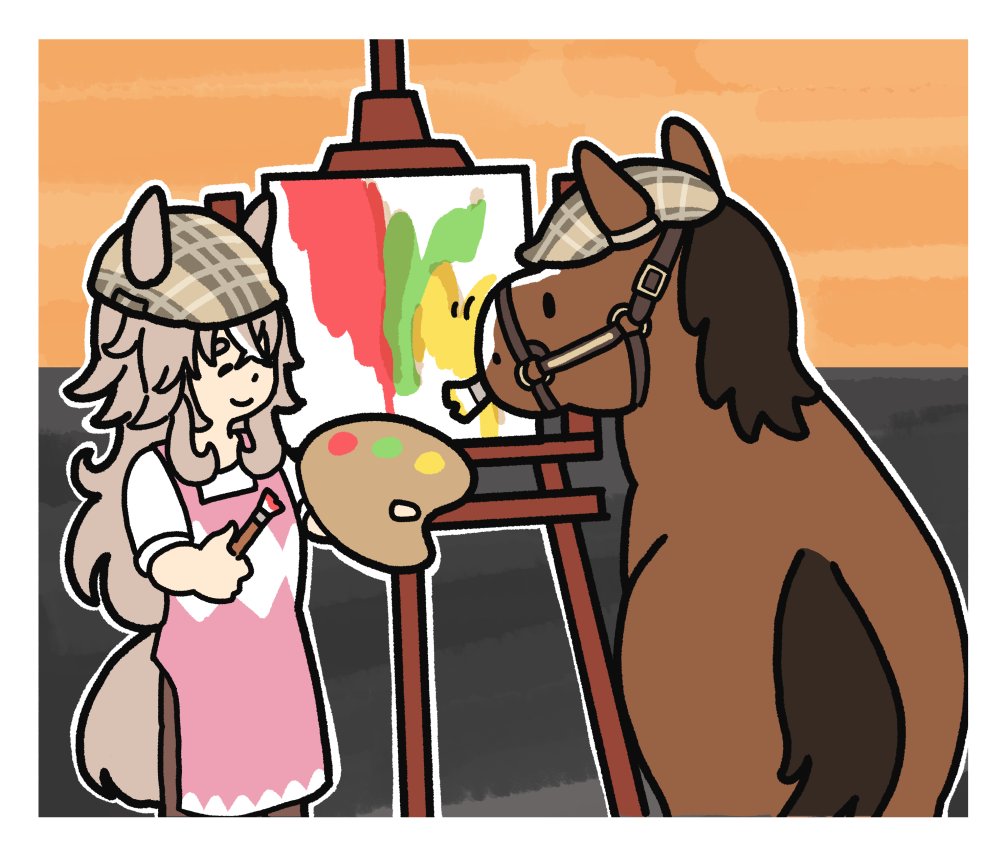 1girl, ^_^, animal_ears, apron, bridle, canvas_(object), closed_eyes, creature_and_personification