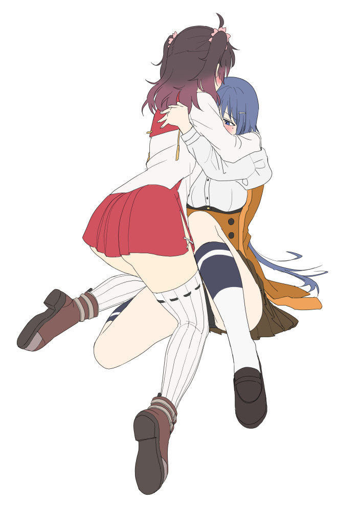 2girls, asakura_mihono, black_footwear, blue_hair, blush, breasts, brown_footwear, brown_hair