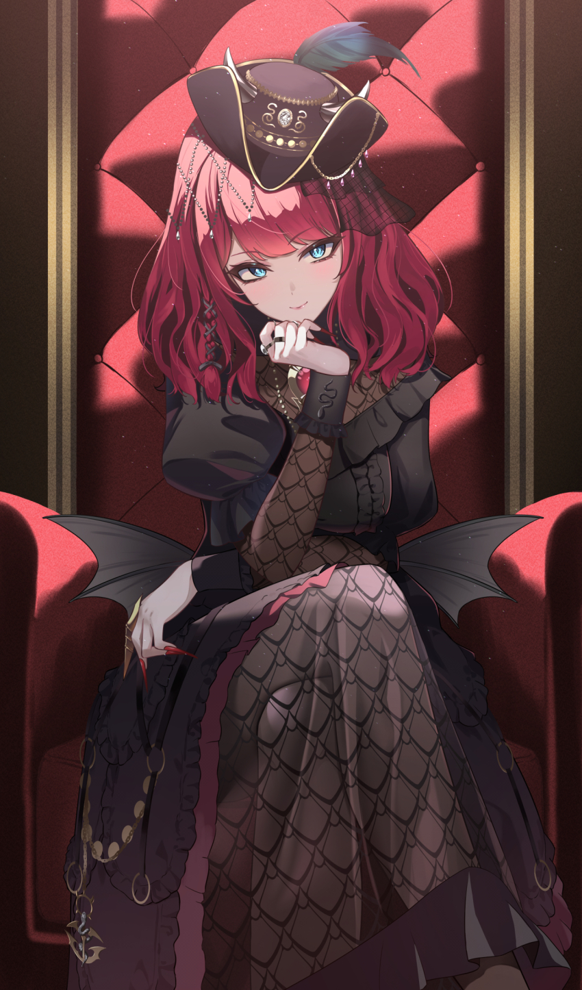 1girl, akatsuki_hotaru, black_dress, black_hair, blue_eyes, center_frills, crossed_legs, demon_girl