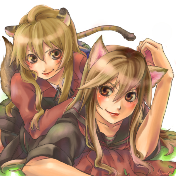 10s, 2girls, aisaka_taiga, animal_ears, bad_id, bad_pixiv_id, black_serafuku, brown_eyes