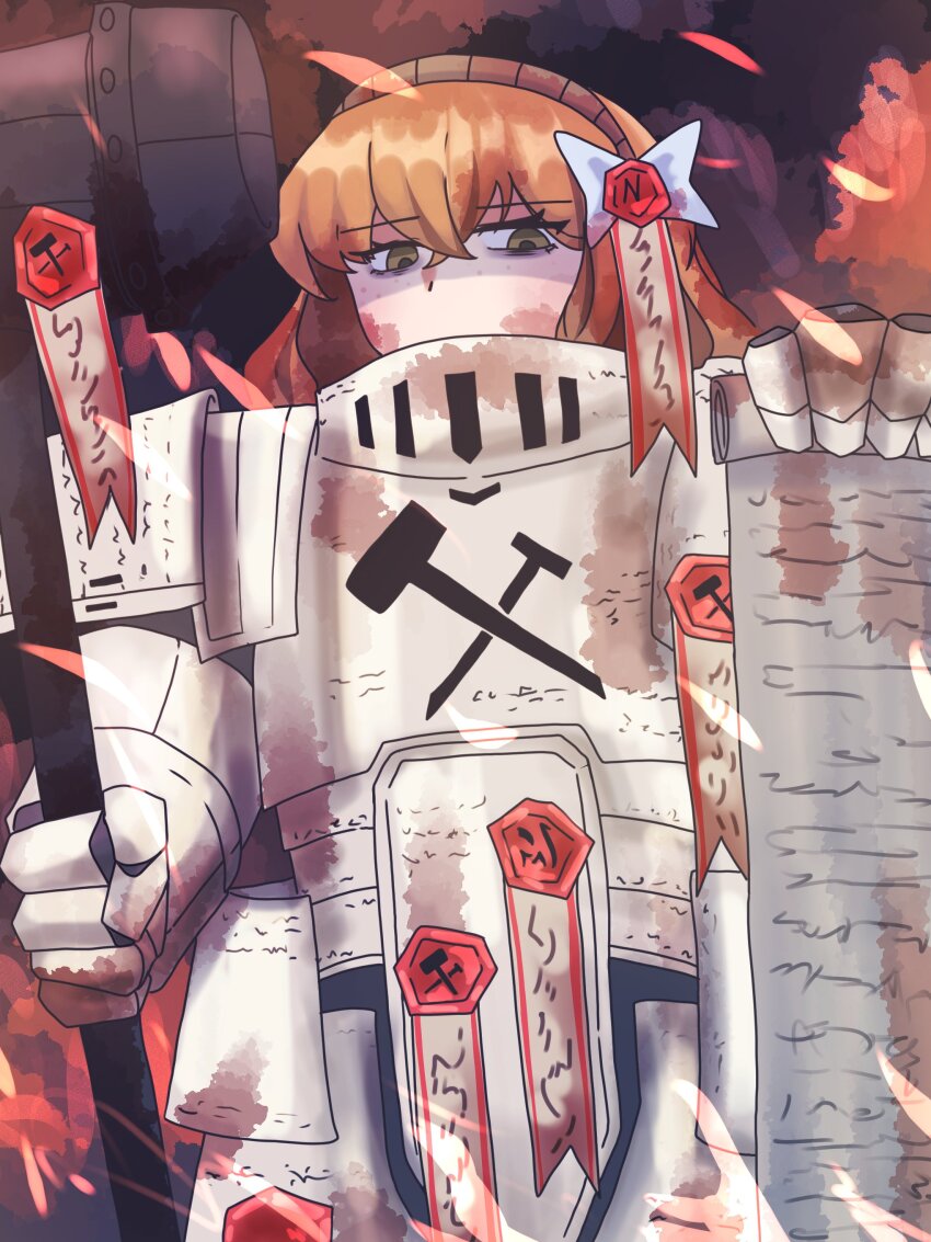 1girl, absurdres, armor, blood, conicalart, freckles, green_eyes, hairband